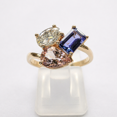 Złoty pierścionek Tanzanit Morganit Diament – widok frontalny – ABGOLD Baczyński