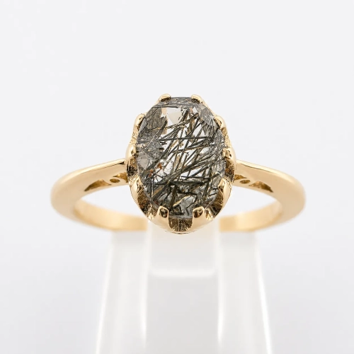 Złoty pierścionek Vintage z kwarcem i turmalinem – widok frontalny – ABGOLD Baczyński