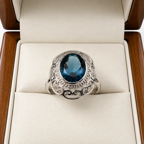 Pierścionek vintage z białego złota próba 585 z topazem London Blue – widok z przodu – ABGOLD Baczyński