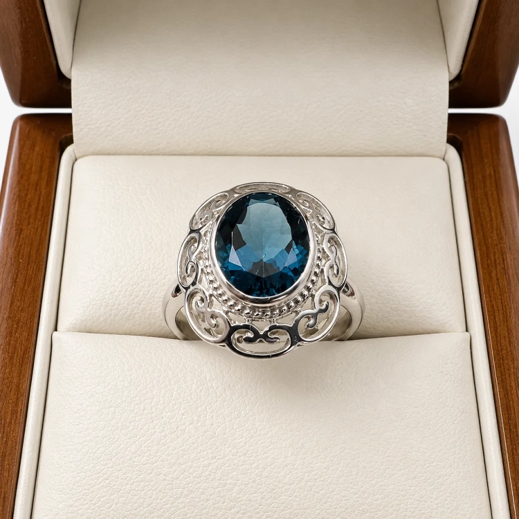 Pierścionek vintage z białego złota próba 585 z topazem London Blue – widok z przodu – ABGOLD Baczyński