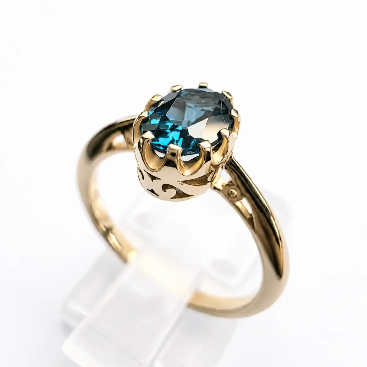 Pierścionek vintage z topazem London blue – ujęcie boczne – ABGOLD Baczyński