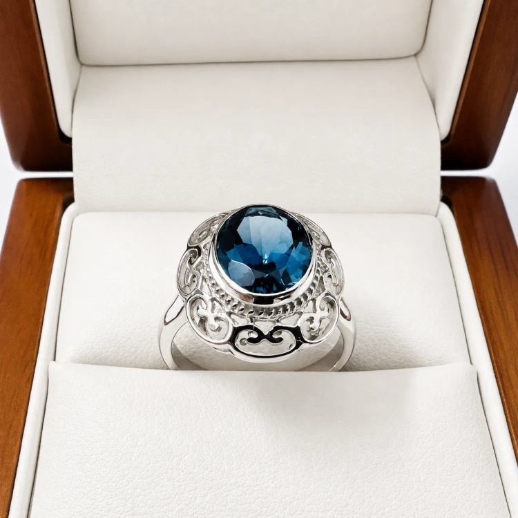 Pierścionek vintage z białego złota próba 585 z topazem London Blue – detal oprawy – ABGOLD Baczyński
