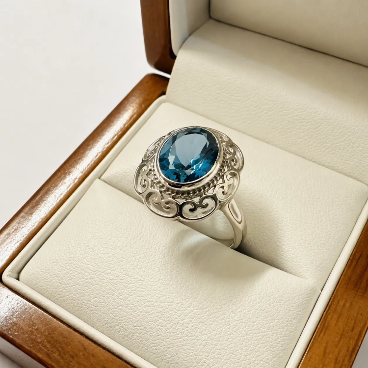 Pierścionek vintage z białego złota próba 585 z topazem London Blue – profil pierścionka – ABGOLD Baczyński