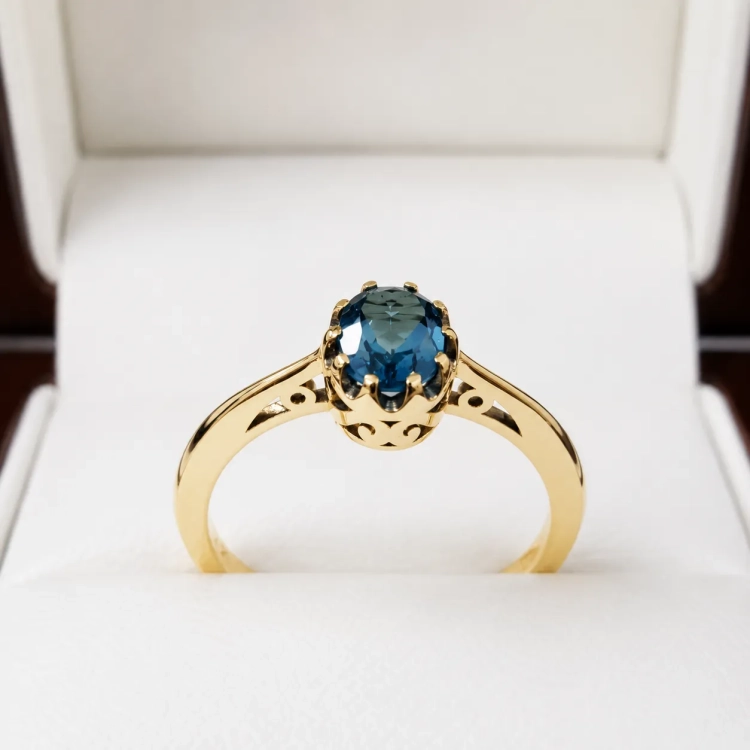Pierścionek vintage z topazem London blue – ekspozycja na podstawce – ABGOLD Baczyński