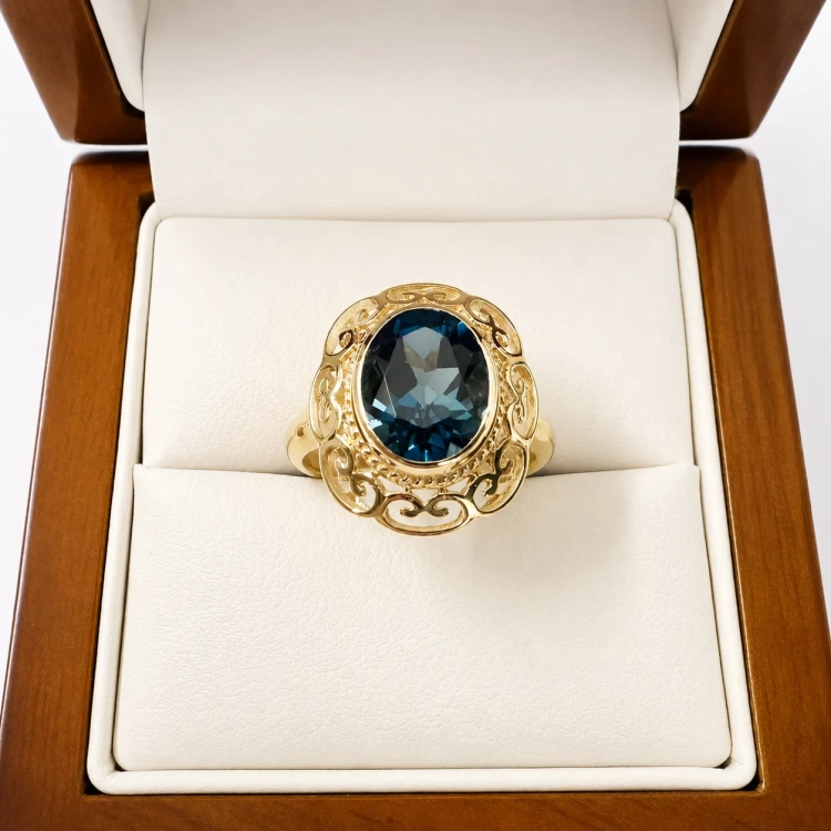 Pierścionek Vintage z topazem London Blue 3,0 ct złoto 585 – widok z góry – ABGOLD Baczyński