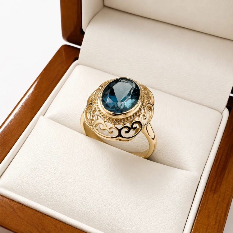 Pierścionek Vintage z topazem London Blue 3,0 ct złoto 585 – ujęcie pod kątem – ABGOLD Baczyński