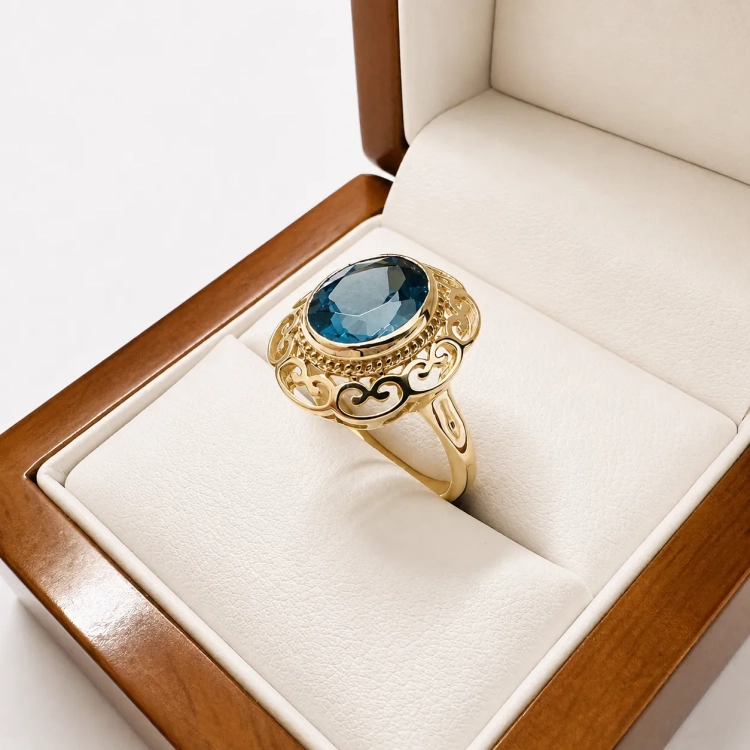 Pierścionek Vintage z topazem London Blue 3,0 ct złoto 585 – profil pierścionka – ABGOLD Baczyński