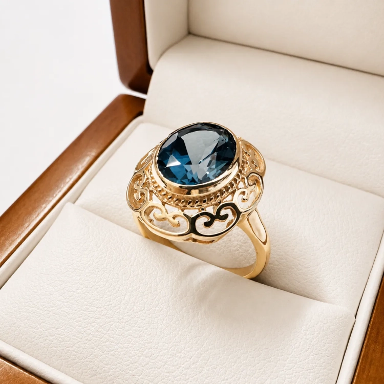 Pierścionek Vintage z topazem London Blue 3,0 ct złoto 585 – zbliżenie kamienia – ABGOLD Baczyński