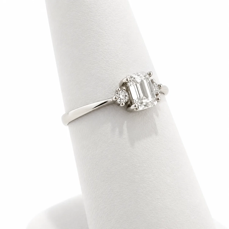 Pierścionek z żółtego złota próba 585 z moissanitem Emerald 0,86 ct VVS D – widok boczny na ekspozytorze – ABGOLD Baczyński