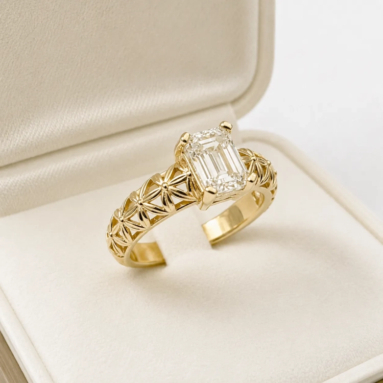 Pierścionek retro vintage z diamentem 1,20 ct – złoto próba 585 – ujęcie boczne w pudełku – ABGOLD Baczyński