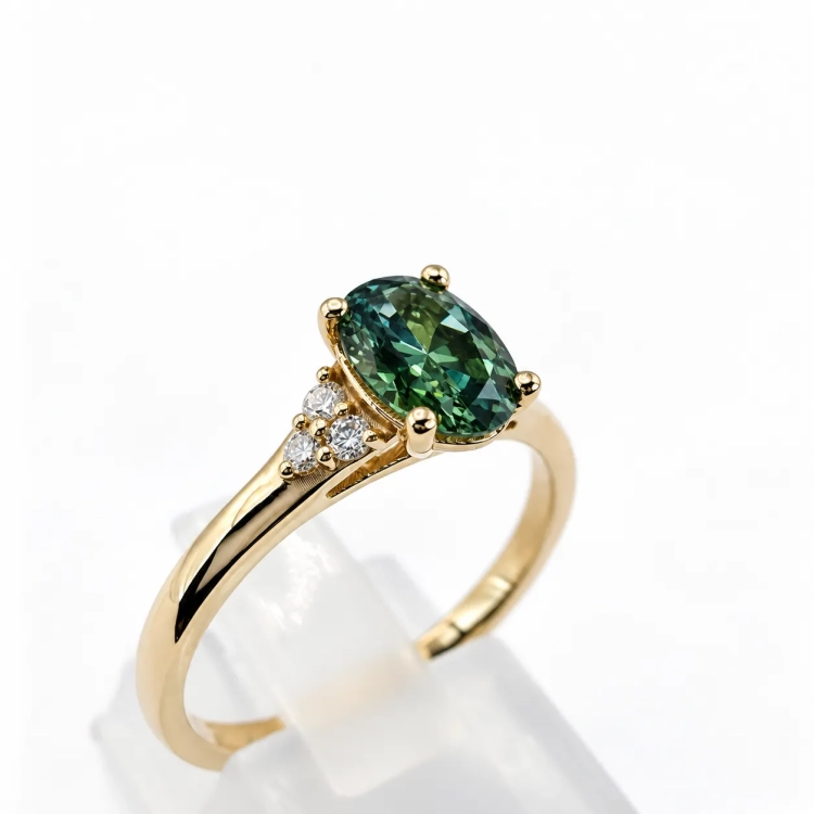 Żółte złoto 585 i zielony szafir – elegancki pierścionek – ABGOLD Baczyński
