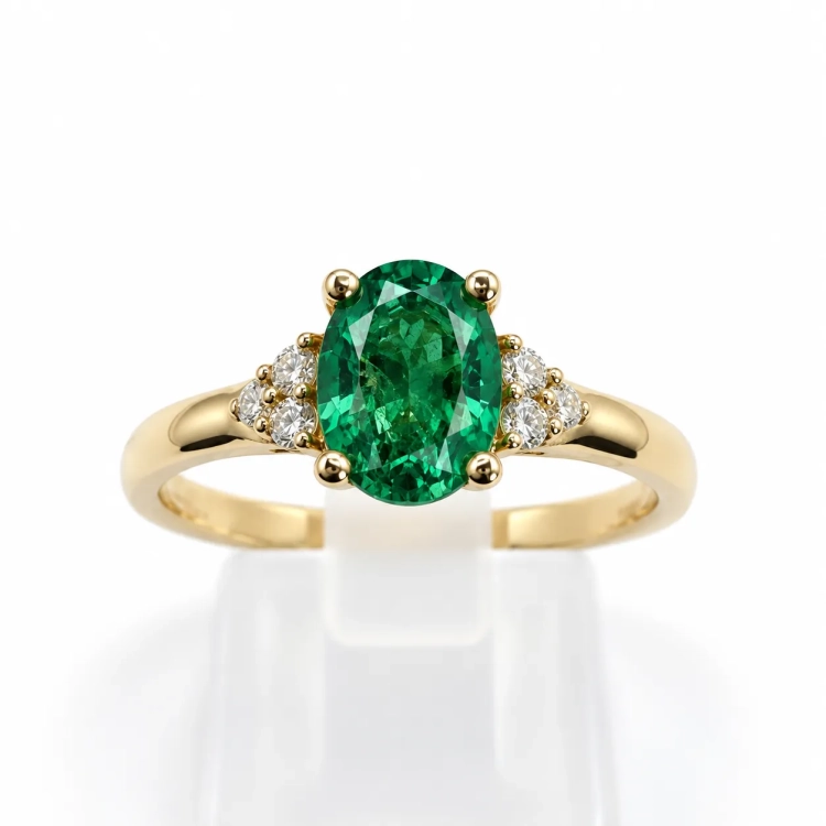 Pierścionek z naturalnym szmaragdem owalnym i diamentami – widok frontalny – ABGOLD Baczyński